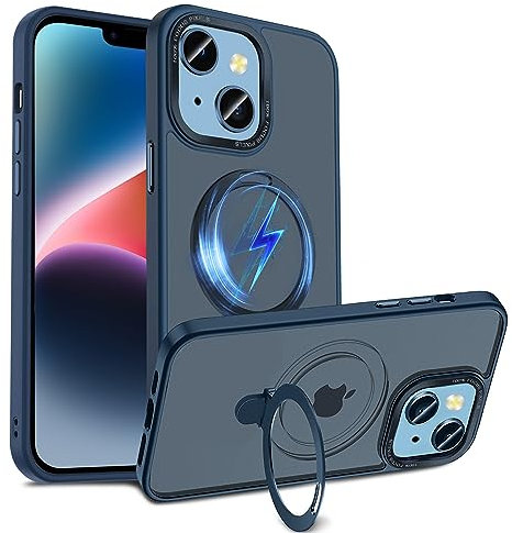 S. Dawezo Magnetisch Ständer Hülle für iPhone 14 Plus, Kompatibel mit Magsafe, Militärschutz, Anti-Fingerabdruck, Stoßfest Unsichtbare Halterungen Handyhülle für iPhone 14 Plus, Dunkelblau