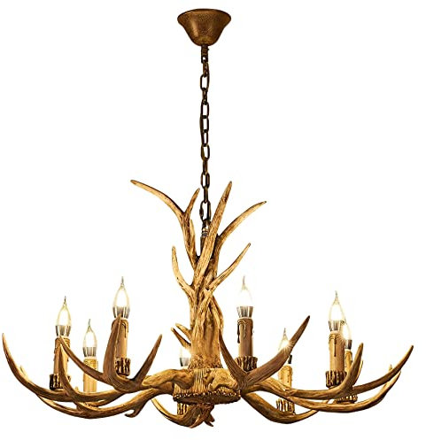 PAZWAHF Vintage Hirschgeweih Kronleuchter Rustikaler Hirschhorn Kronleuchter Lichter Kunstgeweih Harz Anhänger Kronleuchter für Wohnzimmer Esszimmer Foyer Billardtisch