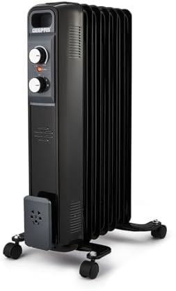 Geepas Oil Filled Radiator Heater,1500W | Portable Electric Heater, 3 Power Settings(600/900/1500W), Adjustable Temperature & Thermostat, Thermal Safety Cut off | 2 Year Warranty, 7 Fins, Black