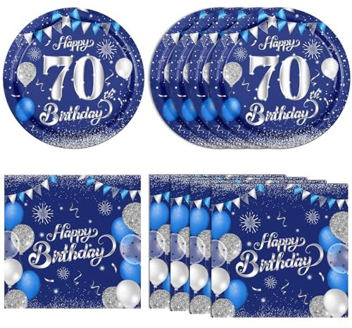 40PCS Happy 70th birthday decorations Navy Blue and Silver 70th Birthday Anniversary Decor Including Plates Napkins For Men Women Serve 20