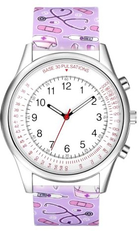 JewelryWe Schwesternuhr mit Pulsskala Silikon Uhren: Damen Analog Quarz Armbanduhr Frauen Lila Blumenmuster Silikon Armband Ärzte Krankenschwester Uhr mit Pulsberechnungsskala