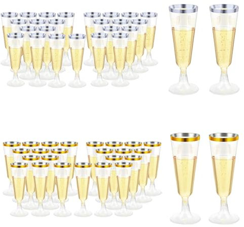 Tefola Elegante Flute Champagne Coppa, Set di 50 calice di plastica trasparente,Ideale per la Casa, Ristorante Feste e Ricevimenti Festa, Natale (25pz Bordo d'dorato, 25pz Bordo d'argento)