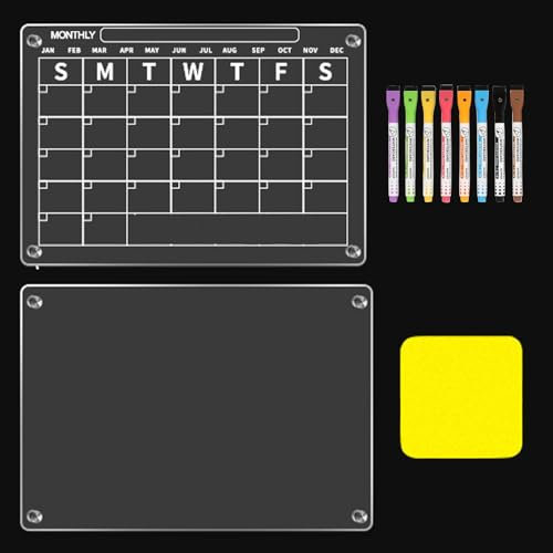Clear Magnetic Calendar for Fridge, Magnets Acrylic Dry Erase Board for Refrigerator, Set of 2 Family Monthly Weekly Planning Boards, Reusable Calendar and Blank Memo Menu Meal Memo (16x12)