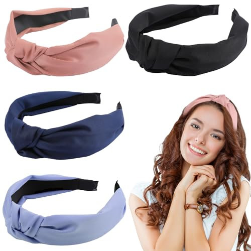 4 Stück Stirnbänder für Damen, Haarreifen Damen Haarband geknotete Stirnbänder Boho breites Knoten-Haarband elastische Haarreifen modische Haar-Accessoires für Damen und Mädchen (Set B)