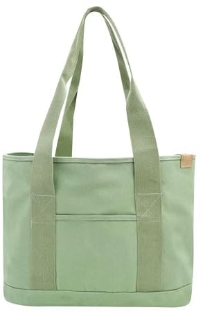 Damen Groß Handtasche mit Laptopfach Canvas Satchel Tote Bag Schultertasche Shopper Tasche für Arbeit Bücher Alltag Lehrertasche grün Large