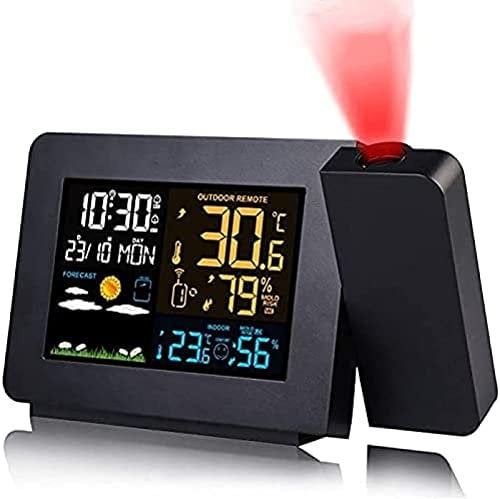 Digital Projection Weather Clock, Radio Controlled Clock, Weather Monitor Indoor,Outdoor Thermometer, Hygrometer Wireless Forecast Station, Dual Alarm Clocks LED Display For Bedrooms