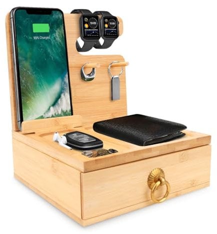 iCozzier Bambus-Telefonhalter, Schreibtisch-Dockingstation mit Schublade, Schlüssel, Geldbörse, Uhr, Holzständer, Betttisch und Schreibtischhalterungen, Tisch-Organizer (1)