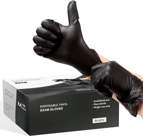 PROMART Disposable Gloves Black Vinyl - Latex-Free, Powder Free, Extra Strong 4 mil, Multi-Purpose, Non-Surgical Gloves, Disposable, Medical Exam Gloves, for Medical, Cooking & Cleaning (200, MEDIUM)
