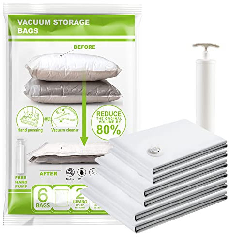 6 Pack Premium Vacuum Storage Bags - Space Saver Bags with Hand Pump, Includes 2 Medium, 2 Large, and 2 Jumbo Sizes, Perfect for Clothes, Bedding, and Travel - Reduces Volume by 80%