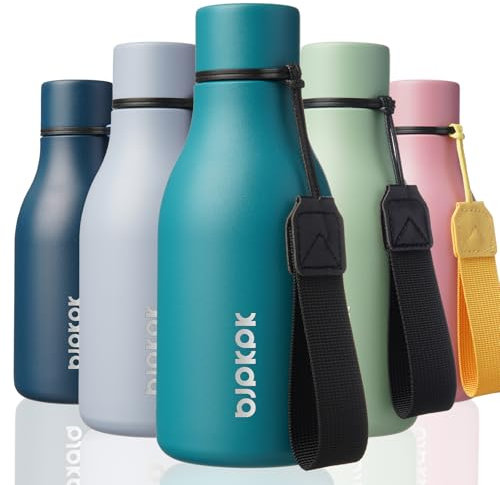 BJPKPK Insulated Water Bottles, 12oz Stainless Steel Metal Water Bottle with Strap, BPA Free Leak Proof Thermos, Mugs, Flasks, Reusable Water Bottle for Sports & Travel, Lake Blue