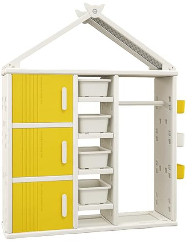 Maxmass Kids Dress up Storage, Children Wardrobe with Clothes Rail, 4 Storage Bins, Adjustable Shelves and Side Baskets, Kids Clothes Closet for Toddlers Bedroom Nursery (Yellow)