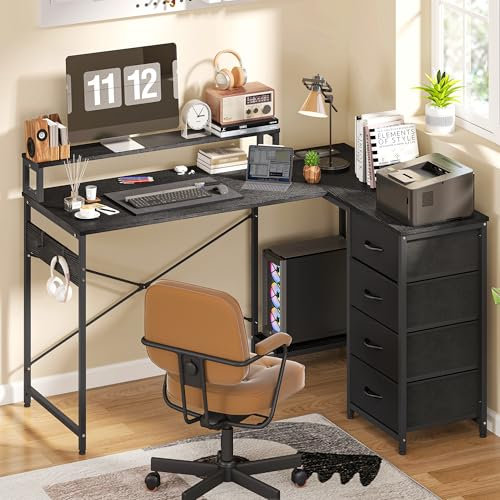 YITAHOME Computer Desk with Drawers, L Shaped Gaming Desks with LED Lights & Power Outlets, Reversible Corner Desks with Storage, Home Office Desk with Monitor Stand and PC Stand 130×100 cm, Black