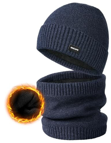 Wmcaps Winter Fleece Gefütterte Mütze und Halswärmer Set für Männer Frauen, Dicke Weiche Gemütliche Strickmützen Schal Set, Elastische Cuffed Plain Wintermütze Outdoor Aktivitäten Geschenk, Dunkelblau