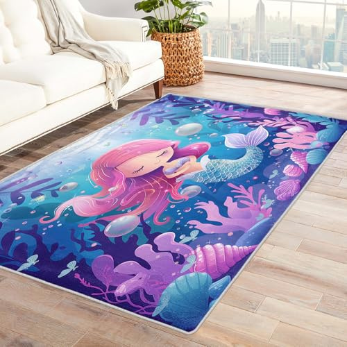 Meerjungfrau Teppich Kinder - Teppich Wohnzimmer Schlafzimmer Mädchen Meerjungfrau, Kleiner Teppich Unterwasserwelt, Weich Kurzflor & Waschbar & Rutschfest Fussmatte Innen, Kinderteppich 60x90 cm