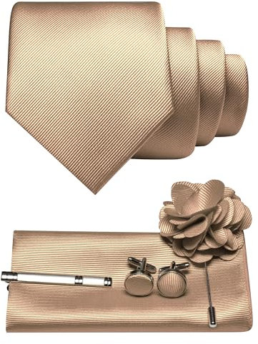 JEMYGINS Herren Krawatte aus Twill mit einfarbigem Design inklusive Pocket Square Manschettenknöpfen Krawattenklemme und Blütenbrosche Geschenkset für Partys Business Hochzeiten Champagnergold