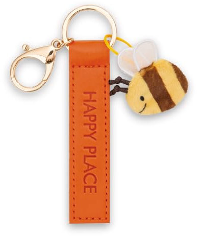 Porte-clés Happy Place Bande en Similicuir 10cm avec Abeille-Orange
