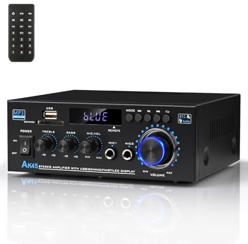 Romicta Stereo Audio HiFi Amplifier, 600W Bluetooth Amplifier 5.0, 2 Channels 12V/230V, LCD Display, SD/USB, FM Radio – Ideal for Home, Car & Karaoke