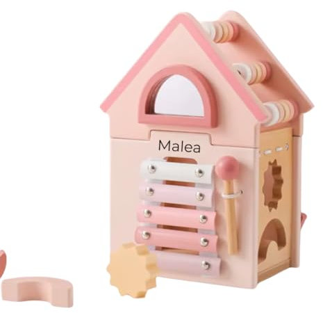 Steckspiel Schloss Motorikwürfel rosa Personalisierbares Geschenk zur Geburt Mädchen Handmade Holzspielzeug Personalisierte Baby Label Stapelturm mit Name & Geburtsdaten Einzigartigliebe