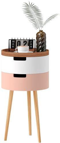 HOMCOM Round Side Table, Bedside Table with 2 Hidden Storage, Removable Top Tray and Wooden Legs for Living Room, Multicolour