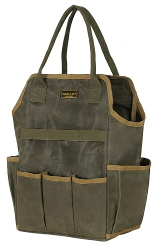 Tool Bag, Heavy Duty 16oz Waxed Canvas Garden Tool Tote - with 3 Inner Slots & 8 Outer Pockets, Multi-Purpose Gardening Tool Storage Bag for Gardener Florist Workshop - Army Green