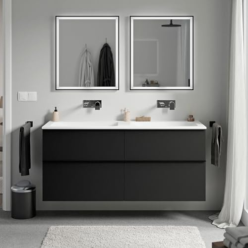 BERNSTEIN - Waschtisch zum Aufhängen, für Badezimmer, MDF, schwarz, matt, Mineralguss, Weiß, matt, ohne Hahnloch, Griff aus Metall, Chrom – 120 x 46 x 62 cm – LAVOA