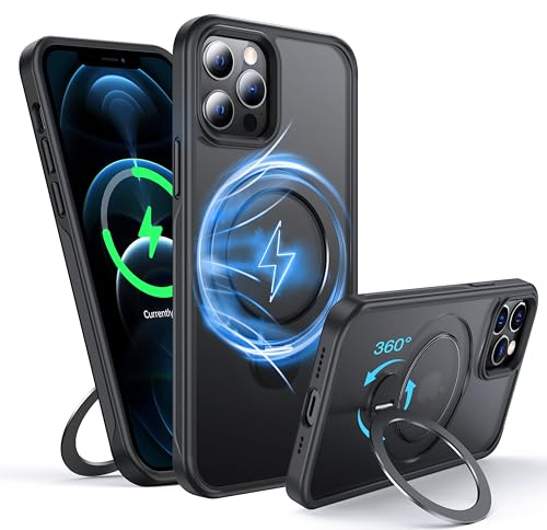 FNDMIL 360°Drehbarer Magnetisch für iPhone 12 Pro Max Hülle mit MagSafe | [Rutschfester Textur][Unsichtbarer Ständer][Militär Schutz] Translucent Matt für iPhone 12 Pro Max Case Dünn,Schwarz