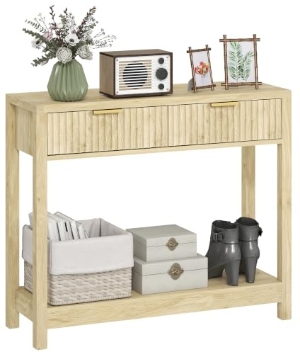 HOMCOM Modern Console Table with Shelf 90 x 30 x 76 cm Natural Wood Finish | Fluted Panel Drawers, Narrow Hallway Table, for Entryway, Living Room