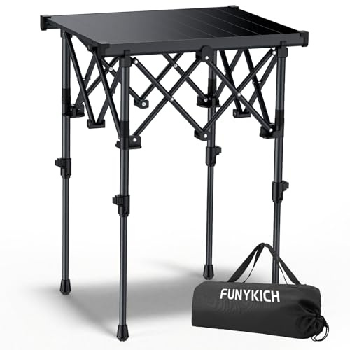 FUNYKICH Campingtisch Klappbar 50,5x41cm, 2 Höhenverstellbar 44/70cm | 120kg Traglast, Aluminium-Aufrolltischplatte, Leicht & Wasserdicht, Tragbar Klapptisch mit Tasche für Camping Picknick BBQ