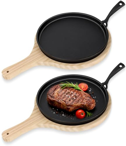 2 Set Cast Iron Sizzler Serving Dish/Steak Platter with Wooden Stand | Japanese Teppanyaki Grill Platter,24cm Fajita Cast Iron Griddle Pan/Fajitas Grill Pan