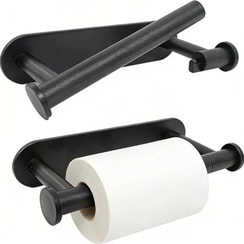 Black Self Adhesive Toilet Roll Holder, 2pcs ABS Plastic No Drilling Wall Mounted Toilet Paper Roll Holder Towel Paper Holder for Bathroom (B- Black 2 pieces)