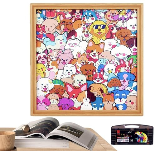 Color Your Own Puzzle, DIY Dog Shaped Wooden Jigsaw with 36 Pens & Photo Frame, Creative Kids Craft Kit, Animal Lover Gift for Family Game Night, Birthday & Home Decor