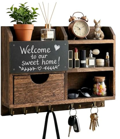 Ecofocet Portachiavi da Parete in Legno e Metallo con Cassetto e Mensole, Organizer Decorativo per Ingresso e Corridoio, Ganci per Chiavi e Piccoli Oggetti, Design Rustico e Moderno – 37×28,5 cm