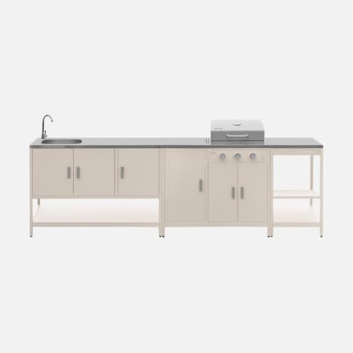 sweeek - Cuisine extérieure Naxos 3 modules Acier Inoxydable Beige avec Barbecue gaz 3 brûleurs