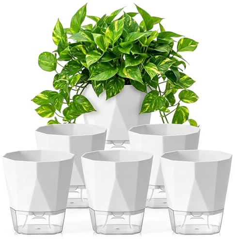 Toyzy Lote de 6 macetas con riego automático, Maceta para Interior y balcón | maceta con sistema de riego, blanco 17 x 19 cm, macetero de plástico
