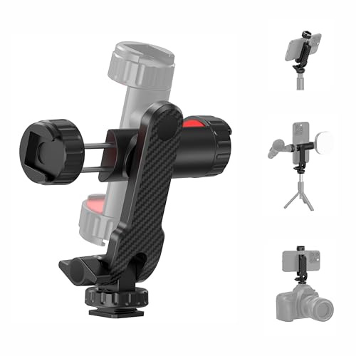 Soporte Móvil Trípode Universal con Rotación 360° e Inclinación 180°–Adaptador Smartphone con Dos Zapatillas de Frío y Rosca Estándar 1/4 para Fotografía Móvil, Vlogs y Transmisiones