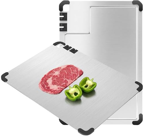 Schneidebrett Edelstahl Upgrade - Cutting Board Antibakterielles Schneidebretter mit Saftrille, Integriertem Messerschärfer & Rutschfesten Silikonecken, Spülmaschinengeeignet - 38x28 cm