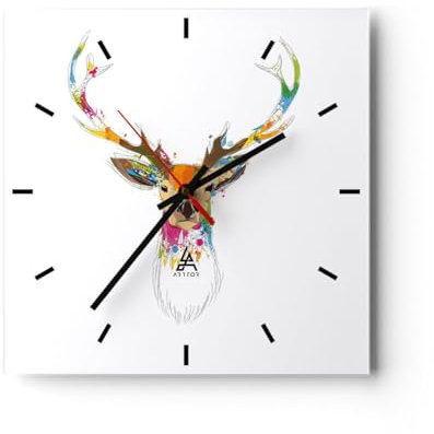 Modern Wanduhr Deer Fantasie Graffiti Grafik 30x30cm Quadrat Klein Wand Uhr Glas Analog Zimmeruhren Küche Büro Wohnzimmer Glasuhr Wall Clock Dekoration Design Wanddekoration Küchenuhr C3AC30x30-3161