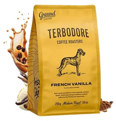 Terbodore | French Vanilla Ground Coffee, 250g Bag, Medium Ground Arabica | for French Press, Aeropress, Filter, No Added Sugar, Hot or Iced, Made for Home & Café, Vanilla Flavoured Ground Coffee