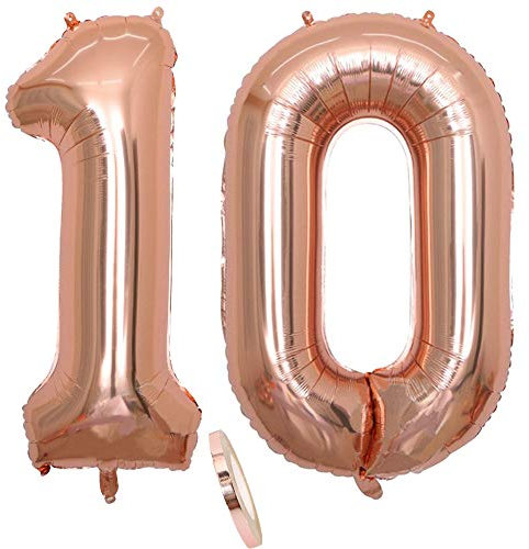 2 Luftballons Zahl 10, Nummer 10 Luftballon Rosegold Mädchen,40 Aufblasbar Helium Folienballon Roségold Ballons Figuren,Riesen ballon für Geburtstag Party Dekoration, Abschlussball (xxxl 100cm)
