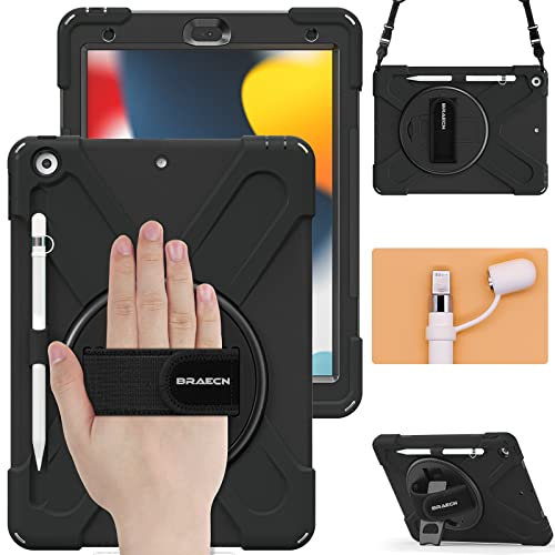 BRAECN Custodia per iPad di 8a generazione, resistente e antiurto, con pellicola protettiva per schermo, portapenne, supporto per matita, tracolla per iPad 8/7a generazione 2020/2019, colore: nero