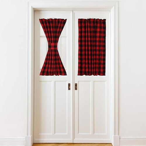 Kaaltisy Fashion French Door Curtains Rod Pocket Buffalo Plaid Standlichtvorhang für Wohnzimmer Terrasse Schiebetür Fenster, 137,2 cm B x 40 L, Rot Schwarz Gitter