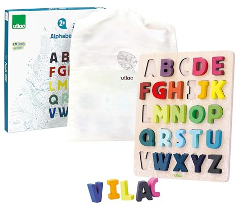 Vilac Touch and Feel Alphabets Shape Wooden Puzzle, Includes 26 Wooden Letters, 1 Natural Wood Stand and 1 Fabric Storage Bag, From Under The Canopy Collection, 26 x 30 x 2 cm, 2 Years+