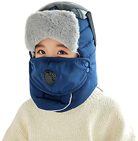 Wintermütze für Kinder, Skimütze mit Ohrenklappe, Mundschutz, Schutzbrille für Jungen und Mädchen, Thermofell-Trapper, Hüte, Trooper-Mützen, winddicht, blau, One size