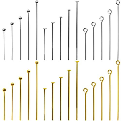 TOAOB 750pcs Aiguilles Tiges Clous a Tete Ronde et Plate en Acier Inoxydable Épingle à Oeil Argent Or Longueur 20mm 25mm 30mm 40mm 50mm Diamètre 0.7 mm pour Accessoire Fabrication de Bijoux Artisanat