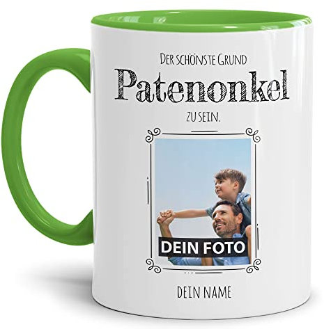 Tasse mit Spruch - Der schönste Grund Patenonkel zu sein - Personalisierbare Keramiktasse mit Namen und Foto - Geschenk Patenonkel - Innen & Henkel Hellgrün, 300 ml