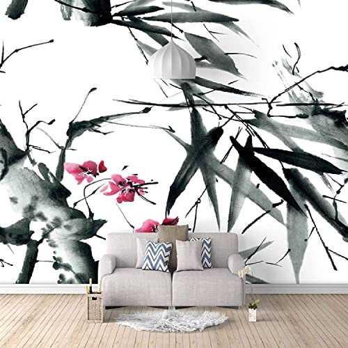 Carta Da Parati Murale Fiore Di Pesco Foglia Di Bambù Dipinto A Inchiostro Panno Da Parete Modello Soggiorno Sfondo Decor Decorazione Murale Carta Da Parati Personalizzata 3D Incol 200 x 150 cm (LxA)