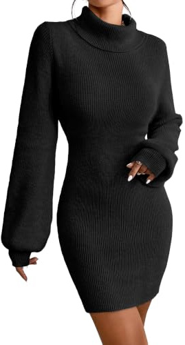 JUOIANTANG Strickkleid Damen Elegante Pulloverkleider mit Bishop Ärmel und Rollkragen Gestrickte Freizeitkleid XS-XXL
