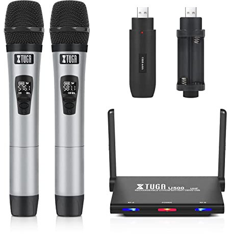 XTUGA U500 Kabelloses Mikrofonsystem, wiederaufladbar, doppeltes dynamisches Mikrofon, kabellos, 262 ft für Kirche, Hochzeiten, Karaoke und Veranstaltungen