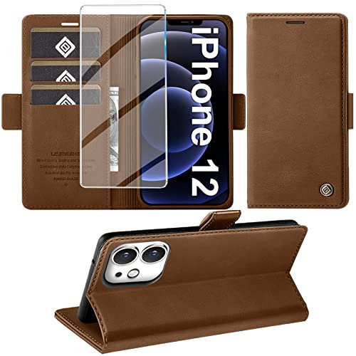 Giyer Handyhülle für iPhone 12/12 Pro Hülle mit Schutzfolie, Standfunktion Kartenfach Wallet Premium Leder Schutzhülle für iPhone 12/12 Pro 5G 6.1 Zoll Flip Case Cover Stoßfeste Klapphülle (Braun)