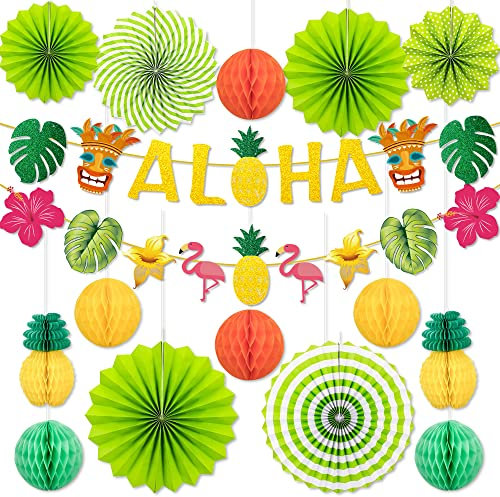 AFYHH Hawaiian-Tropical Party Honeycomb Decorations - Hawaiian ALOHA Bunting Banners Honeycomb Decorations Paper Fans Lanterns Decorations Summer Holiday Beach Aloha Garden Birthday Party Decorations